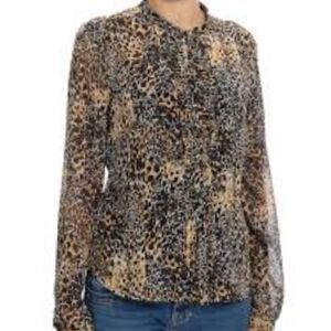 Zara Basic Chiffon Leopard Ruffle Button Up Top Size L